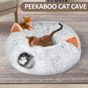 NEZIN Cat Tunnel with Cat Bed for Indoor Cats, Under Christmas Tree Plush Peekaboo Cat Cave, Multifunctional Cat Donut Tunnel Playground Toys for Cats Kitten Rabbit Ferret, Grey