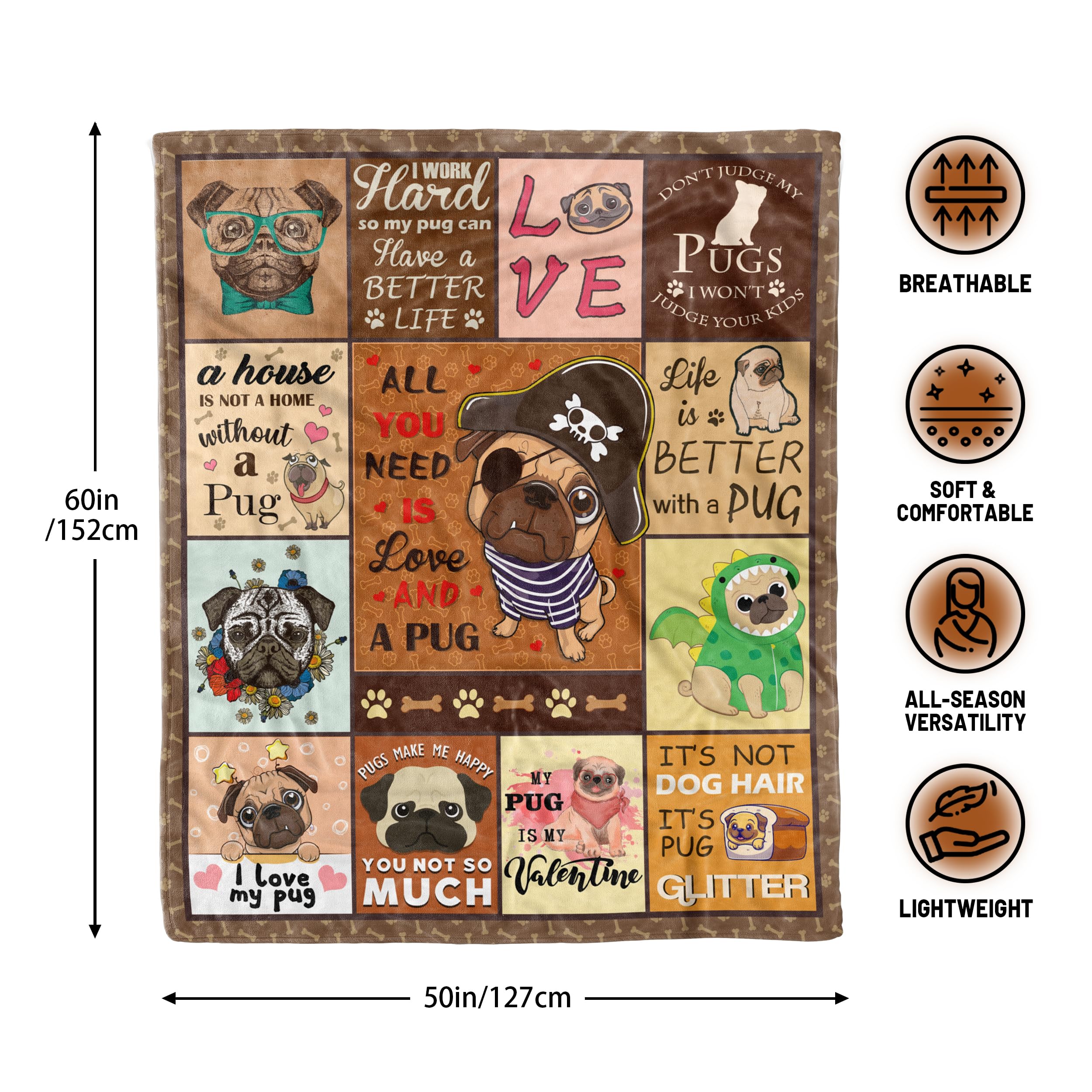 Qzxyni Pug Gifts for Pug Lovers, Pug Gifts for Women, Pug Blanket 50" x 60", Cute Pug Dog Lover Throw Blanket for Adult Kids, Pug Gifts