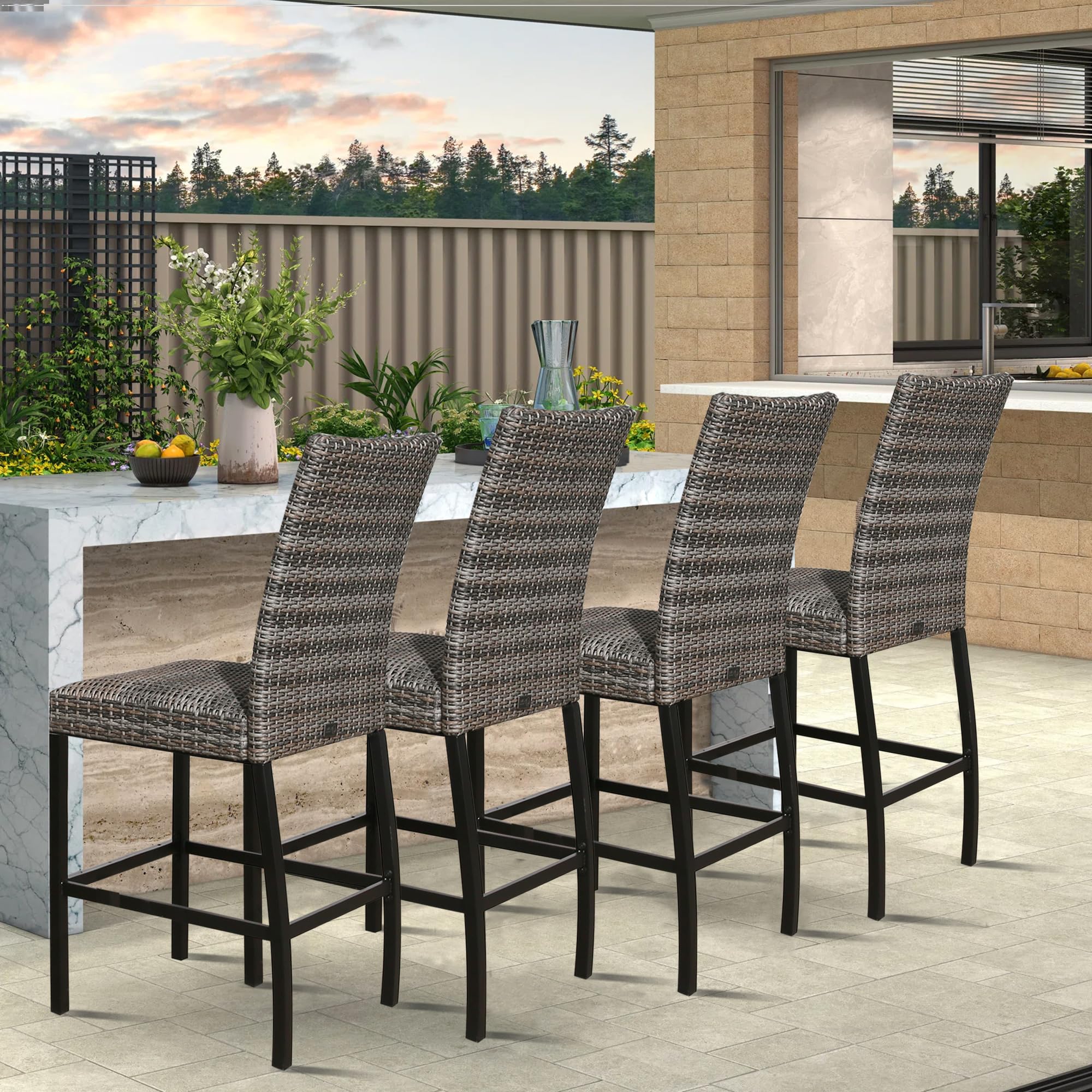 Ulax furniture Outdoor Bar Stools Set of 4 - Patio Wicker Padded Chairs for All-Weather Rattan Furniture