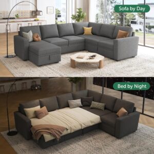 HONBAY Modular Sectional Sleeper Sofa with Pull Out Bed, U Shaped Sectional Couch with Storage Ottoman Convertible 7-Seater Sofa, Dark Grey