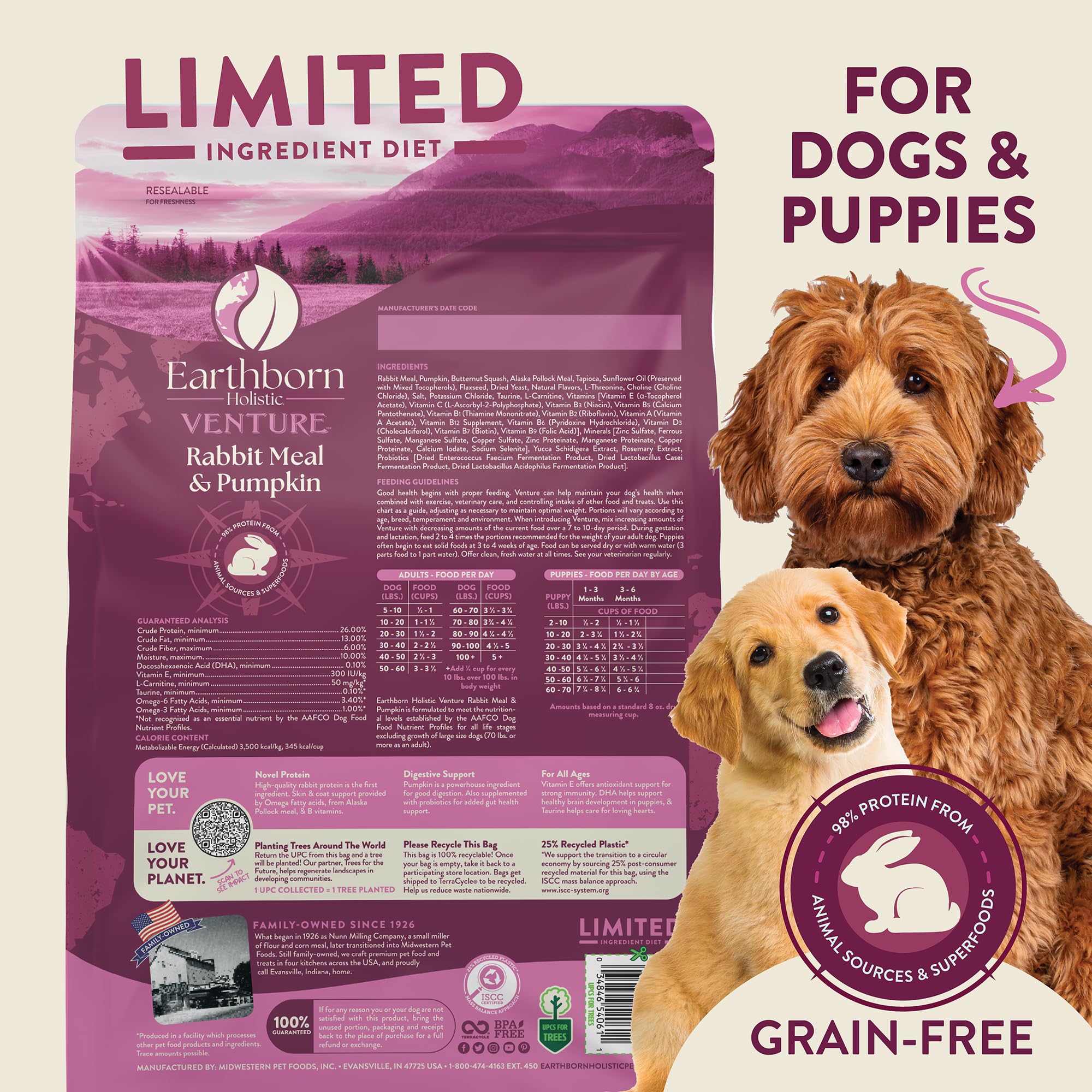 Earthborn Holistic Venture Rabbit Meal & Pumpkin Limited Ingredient Diet Grain-Free Dry Food for Dogs & Puppies (25 lb. Bag)