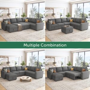 HONBAY Modular Sectional Sleeper Sofa with Pull Out Bed, U Shaped Sectional Couch with Storage Ottoman Convertible 7-Seater Sofa, Dark Grey