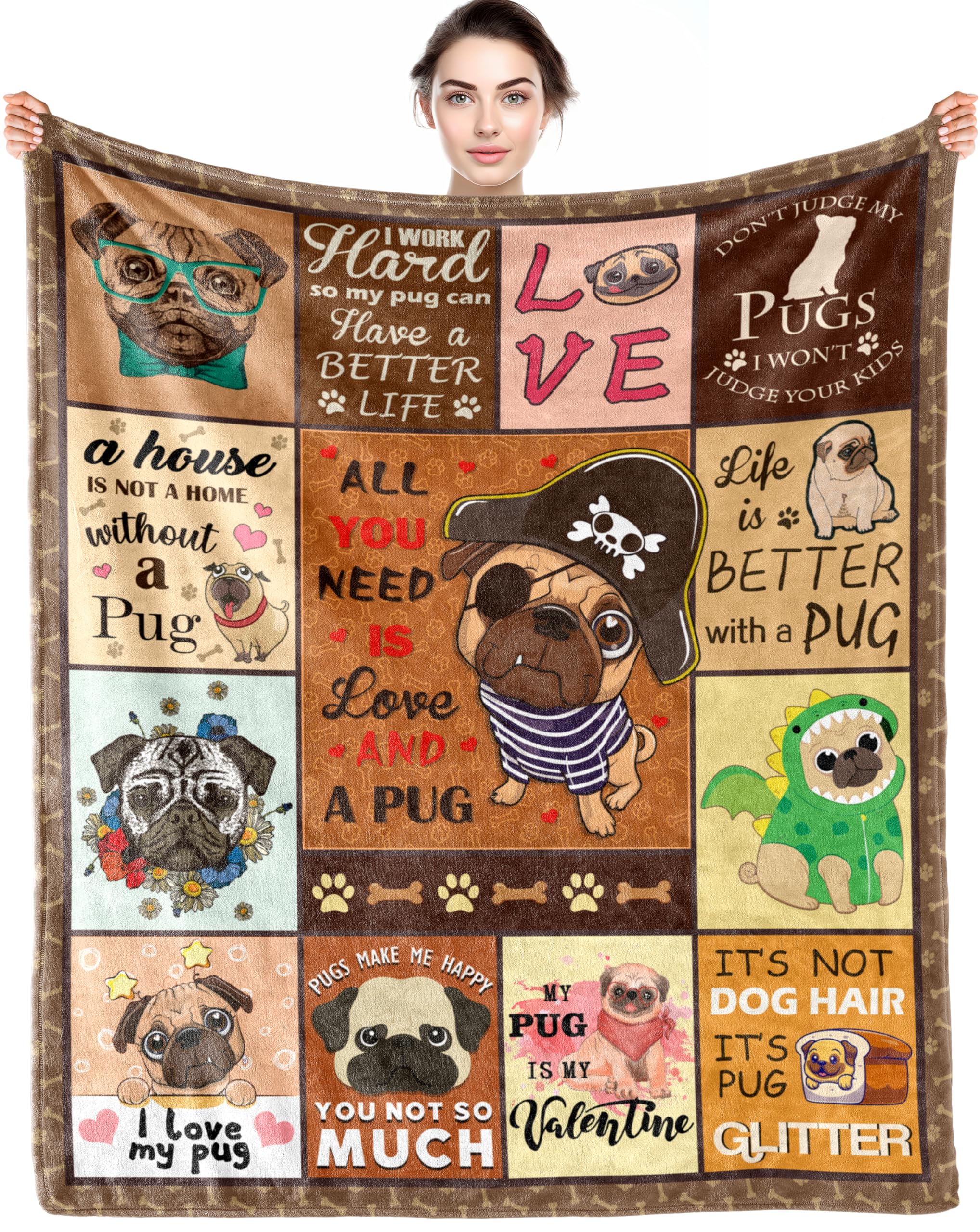 Qzxyni Pug Gifts for Pug Lovers, Pug Gifts for Women, Pug Blanket 50" x 60", Cute Pug Dog Lover Throw Blanket for Adult Kids, Pug Gifts