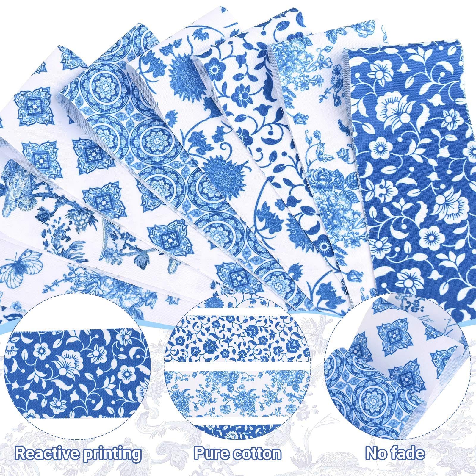 Bolsome 50Pcs Chinoiserie Jelly Polyester Fabric Roll White Blue Floral Quilting Strips Assorted Patterns Patchwork Craft Sewing Supplies for Quilters and Sewing Crafts, 39.37 × 2.55 Inch