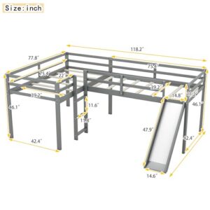 BOVZA L-Shaped Double Twin Size Loft Bed with Slide, Wooden Low Loft Bed Frame with Built-in Ladder and Safety Guardrail for 2 Kids Girls or Boys, Gray