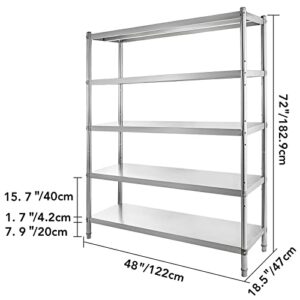 VEVOR Stainless Steel Shelving 48x18.5 Inch 5 Tier Adjustable Shelf Storage Unit Stainless Steel Heavy Duty Shelving for Kitchen Commercial Office Garage Storage 330lb Per Shelf