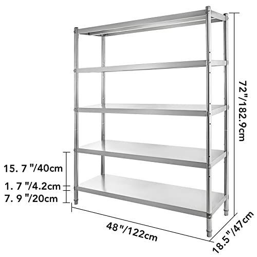 VEVOR Stainless Steel Shelving 48x18.5 Inch 5 Tier Adjustable Shelf Storage Unit Stainless Steel Heavy Duty Shelving for Kitchen Commercial Office Garage Storage 330lb Per Shelf