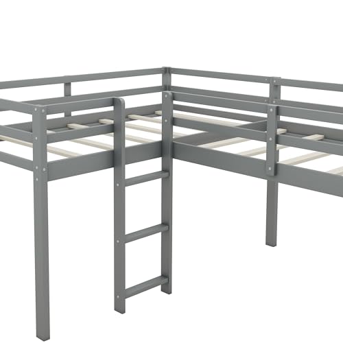 BOVZA L-Shaped Double Twin Size Loft Bed with Slide, Wooden Low Loft Bed Frame with Built-in Ladder and Safety Guardrail for 2 Kids Girls or Boys, Gray