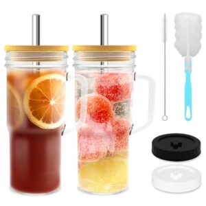 hmjia glass cup with lids and straws 24oz/700ml mason jar drinking glass with handle straw brush cup brush for water iced tea or coffee (2)