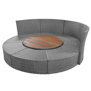 EOVTK Outdoor Patio Round Daybed, All-Weather Rattan Sectional Sofa Set with Liftable Table, Washable Cushions and 6 Pillows for Backyard Poolside, Beige