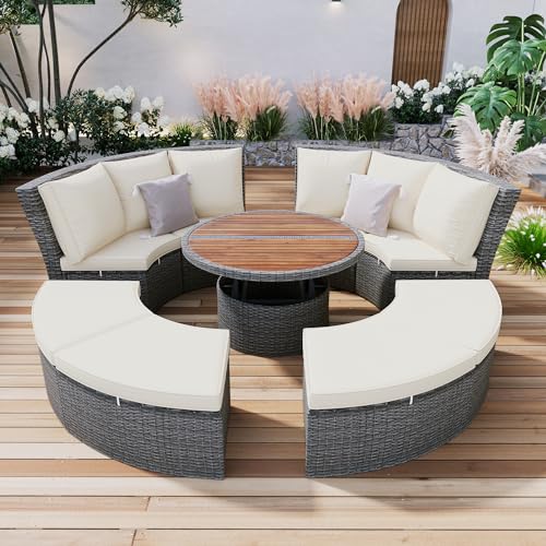 EOVTK Outdoor Patio Round Daybed, All-Weather Rattan Sectional Sofa Set with Liftable Table, Washable Cushions and 6 Pillows for Backyard Poolside, Beige