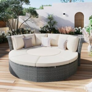 EOVTK Outdoor Patio Round Daybed, All-Weather Rattan Sectional Sofa Set with Liftable Table, Washable Cushions and 6 Pillows for Backyard Poolside, Beige