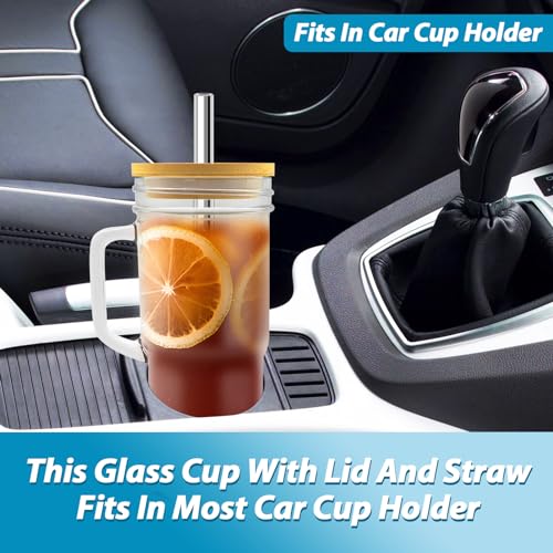 HMJIA Glass Cup with Lids and Straws 24oz/700ml Mason Jar Drinking Glass with Handle Straw Brush Cup Brush for Water Iced Tea or Coffee (2)