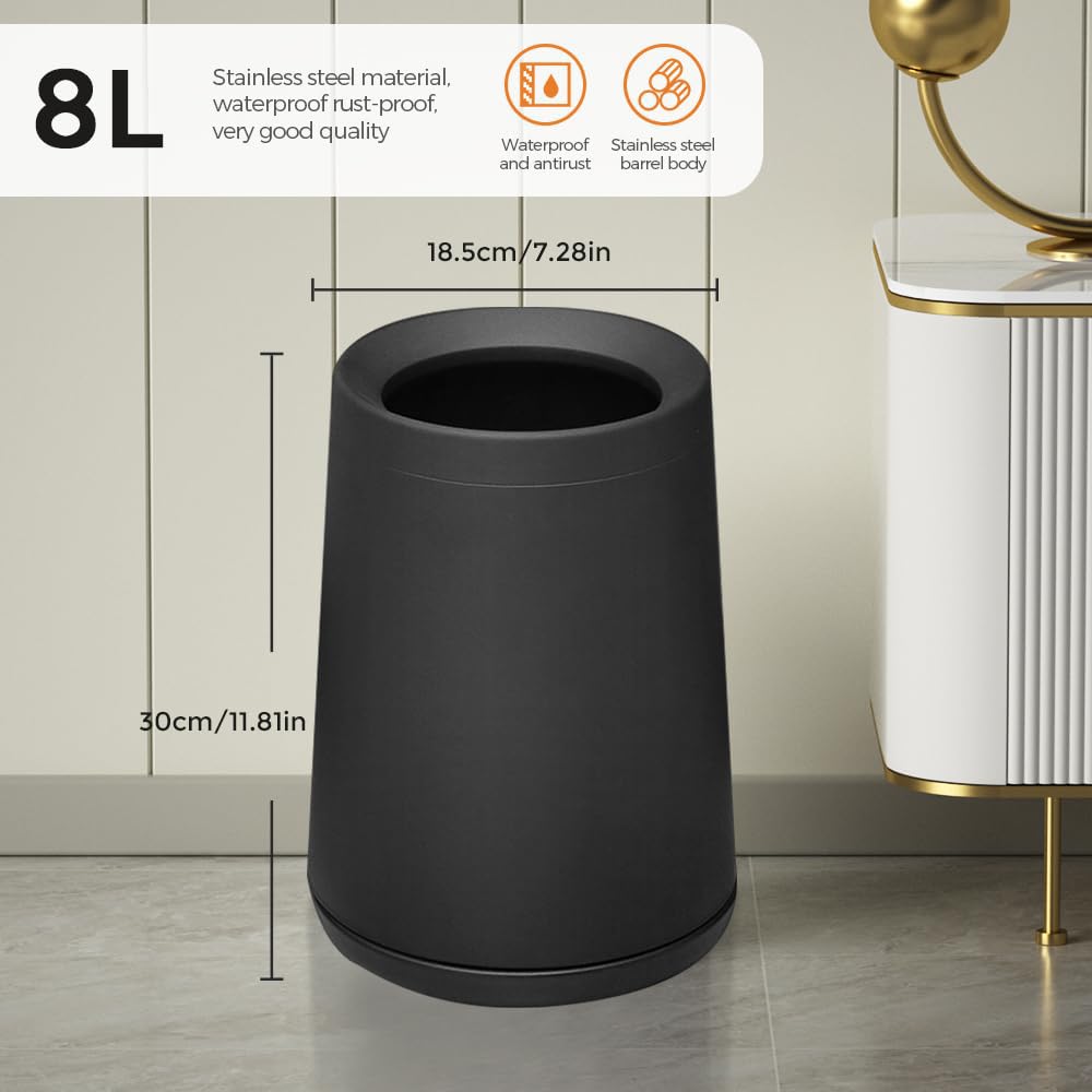 LEASYLIFE 8L/2.1GAL Stainless Steel Trash Can,Small Bathroom Garbage Can,Open Top Trash Can,Black Trash Can for Bathroom,Bedroom,Living Room，Powder Room，Office (black-132-8l)