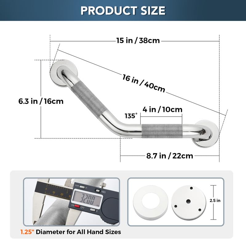 Grab Bars for Bathtubs and Showers- 1-1/4 x 16 Angled Shower Grab Bar for Seniors Knurled Stainless Steel Handicap Grab Bars for Wall (Polished Nickel, 1 Pack)