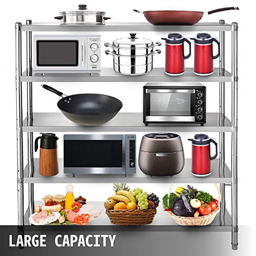 VEVOR Stainless Steel Shelving 48x18.5 Inch 5 Tier Adjustable Shelf Storage Unit Stainless Steel Heavy Duty Shelving for Kitchen Commercial Office Garage Storage 330lb Per Shelf