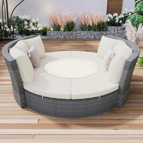 EOVTK Outdoor Patio Round Daybed, All-Weather Rattan Sectional Sofa Set with Liftable Table, Washable Cushions and 6 Pillows for Backyard Poolside, Beige