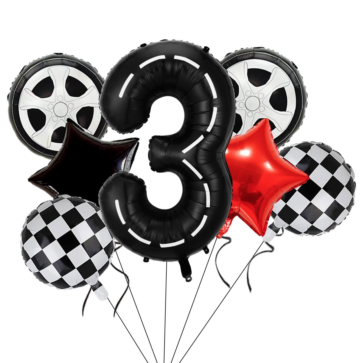 Race Car Birthday Balloons Decorations, 40 Inch Racetrack Black Number 3 Balloon, Eostankr Large Mylar Black 3 Balloon for 3st Birthday Race Car Theme Party Decor Supplies 7 Pcs