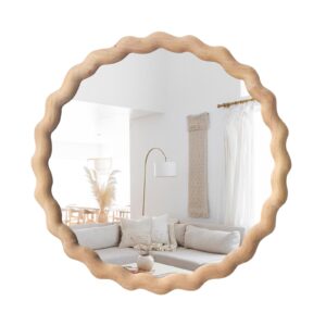 irregular wall mirror,wood round farmhouse mirror unique vanity mirror,28" nature wooden modern bathroom mirror for washroom living room bedroom