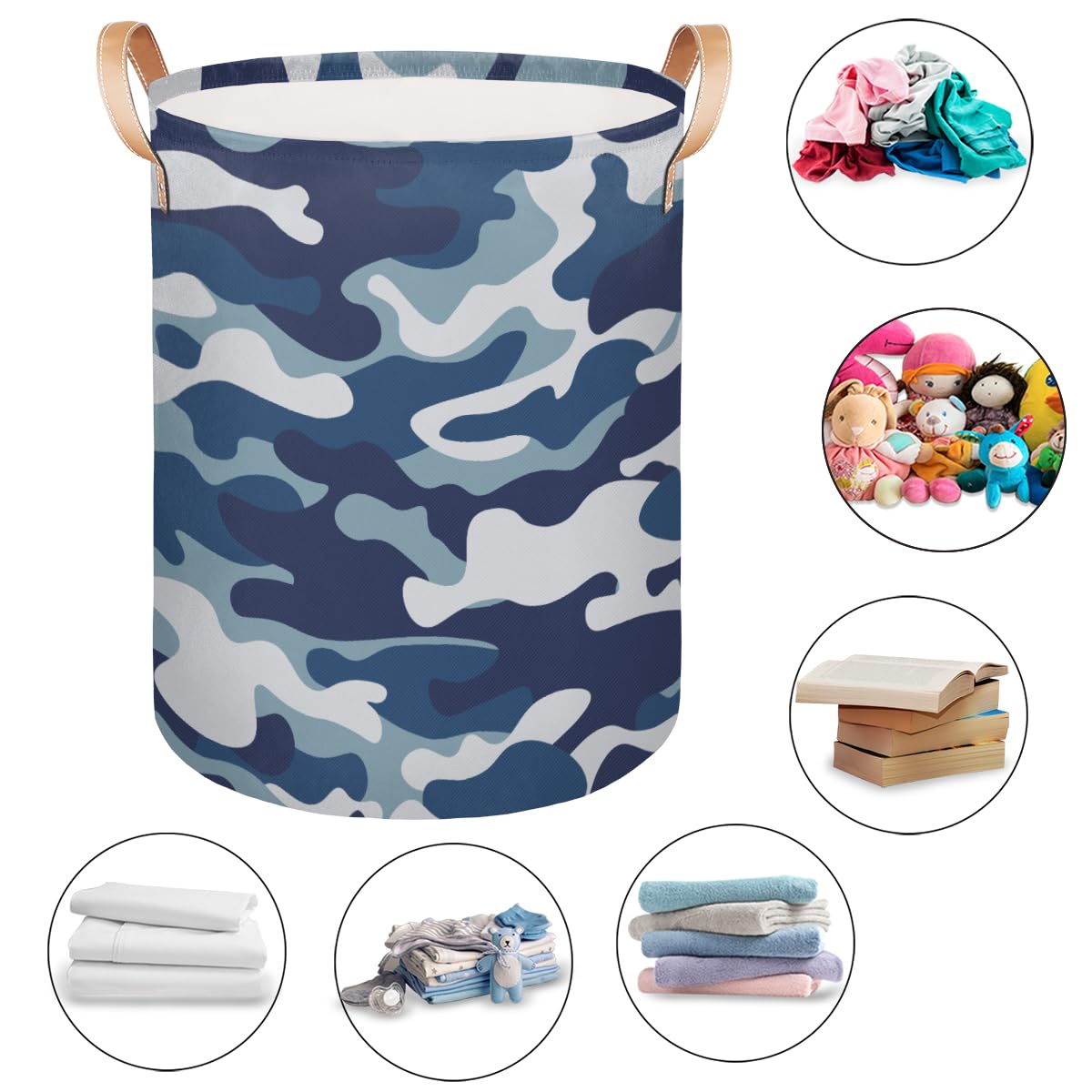 Camo Pattern Laundry Baskets, Blue Camo Canvas Fabric Laundry Hamper,Collapsible Toy Storage Organizer Basket for Bedroom College Dorms