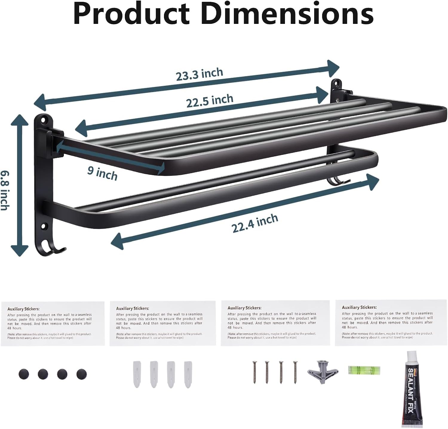 Towel Racks for Bathroom 24 inch, Matte Black Towel Rack Wall Mounted with Double Shelf, Bathroom Towel Shelf with Towel Bar, Rustproof Wall Towel Rack with Hooks, Adhesive Bath Towel Holder