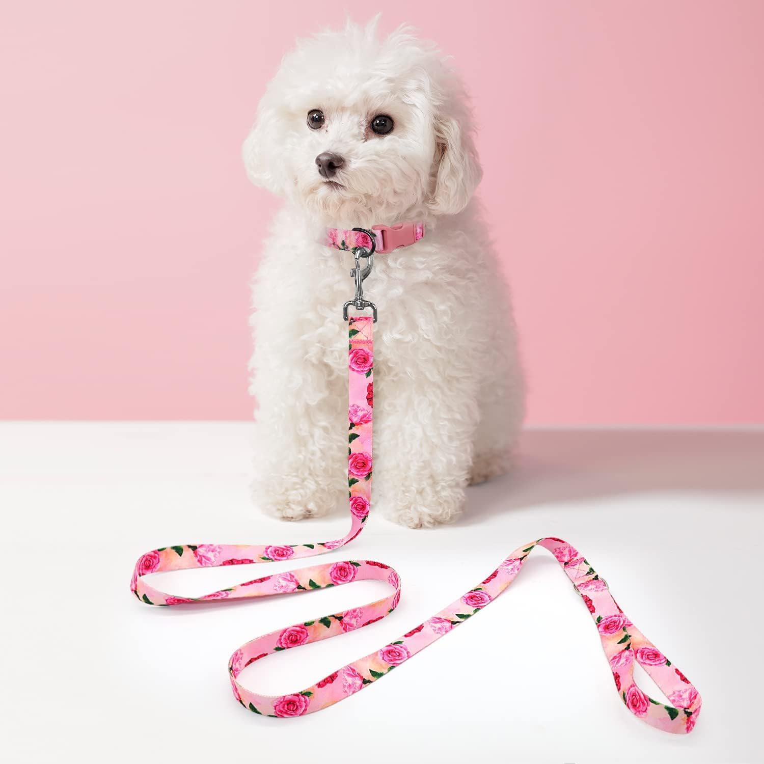 DQGHQME Dog Collar and Leash Set Girls 5ft/Foot Pink Dog Leash and Collar Adjustable Dog Harness and Leash Set Puppy Collars with Beautiful Floral Bow Tie for Small Medium Large Female Dogs,Rose Pink