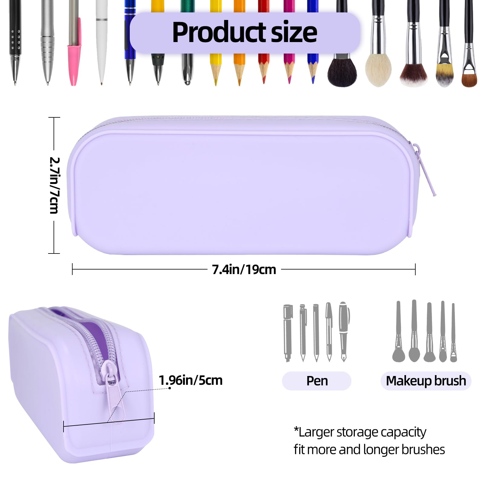 Silicone Zipper Pencil Bag, Waterproof Pencil Bag, Multifunctional Large-Capacity Storage Bag, Silicone Pencil Pouch Suitable for School Supplies, Cosmetics (Purple)