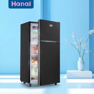 WANAI Double Door Small Refrigerator with Freezer-on-top, 3.5 Cubic Feet Mini Fridge with 7-Level Adjustable Thermostat for Office, Dorm, Bedroom, Home and Apartment, Black