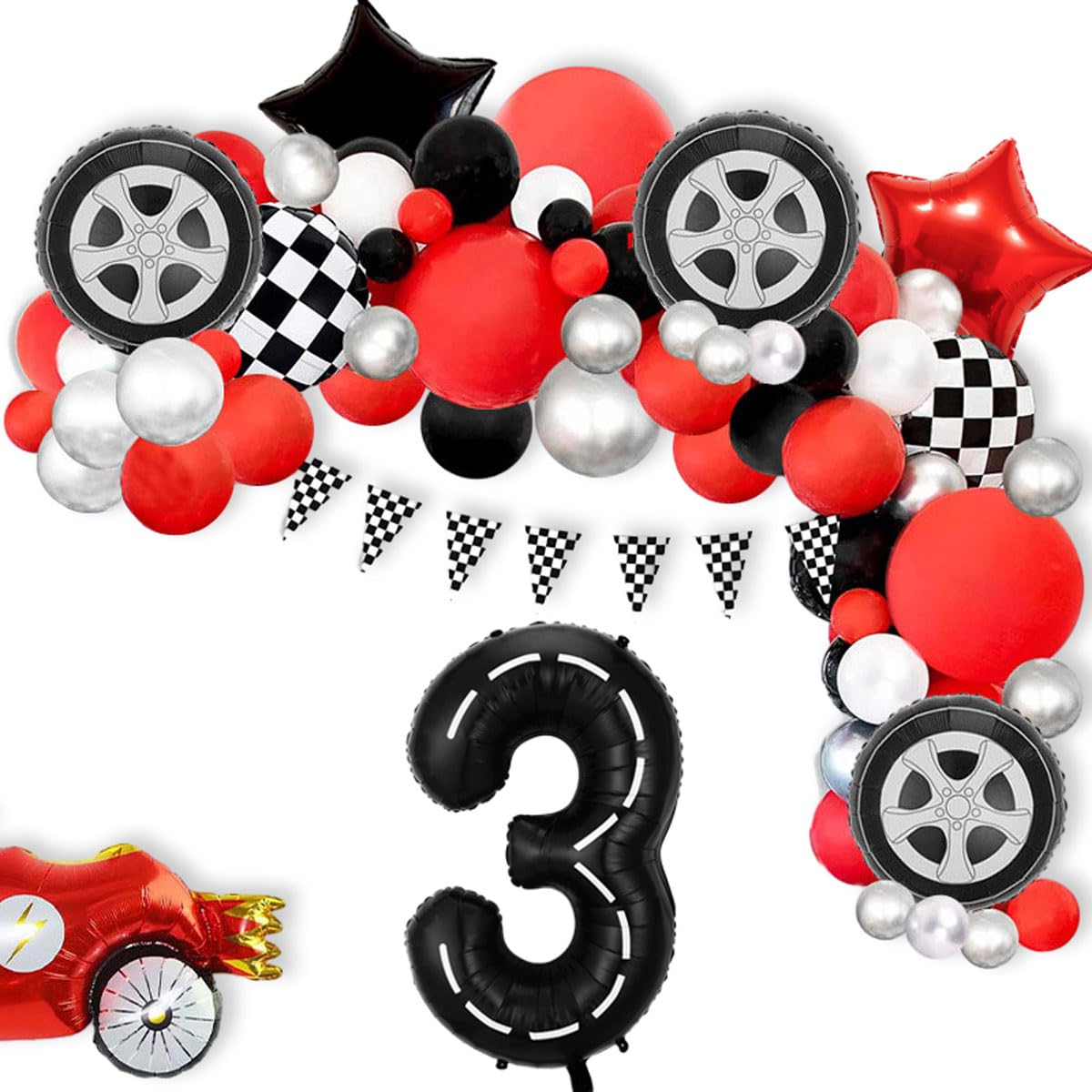 Race Car Birthday Balloons Decorations, 40 Inch Racetrack Black Number 3 Balloon, Eostankr Large Mylar Black 3 Balloon for 3st Birthday Race Car Theme Party Decor Supplies 7 Pcs