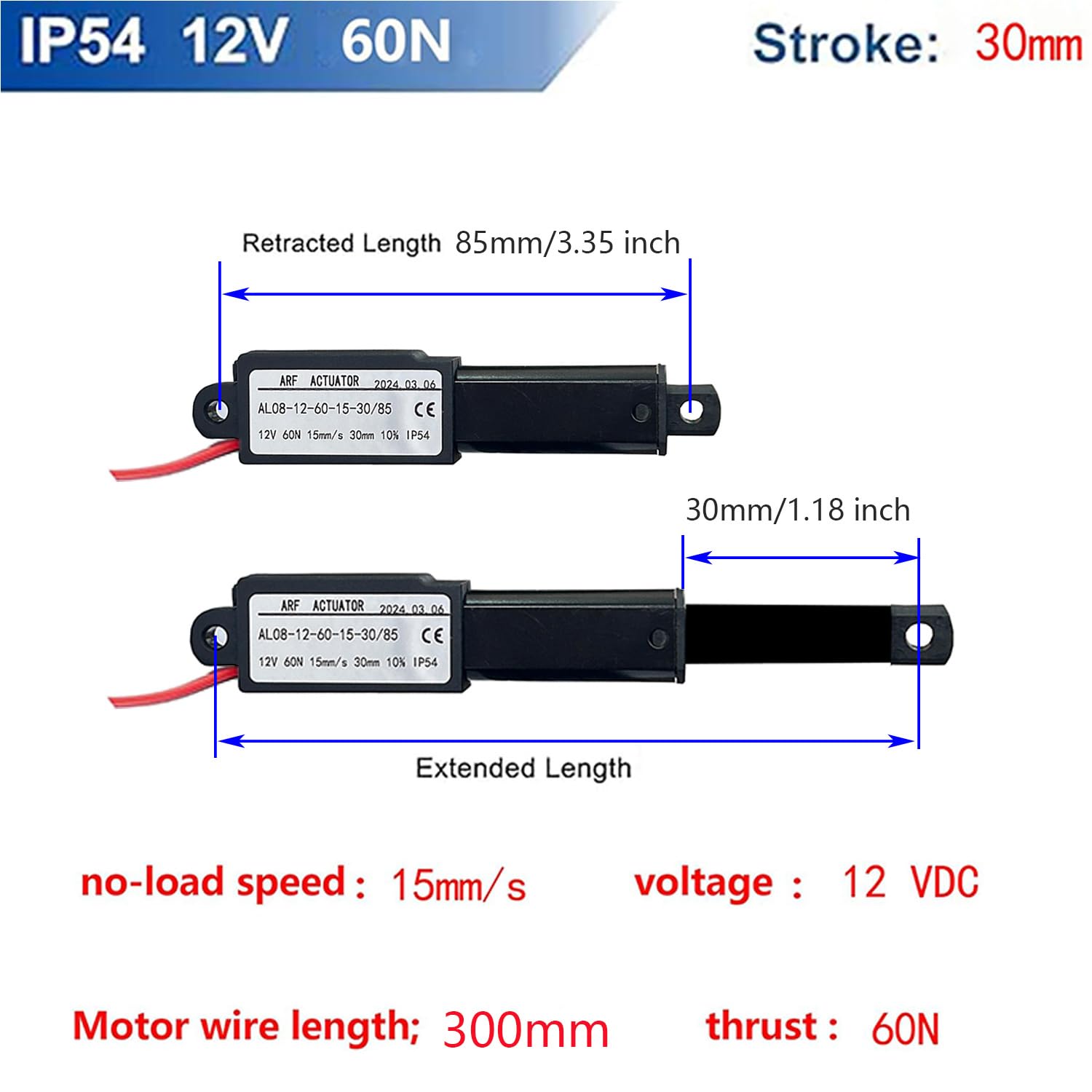 URANT Mini 12V 1.2 "Stroke Electric Linear Actuator, 60N(13.4Lbs),Speed 15mm/s Linear Motion Actuator,Waterproof Linear Actuator with Waterproof Switch and Bracket,for Window Ppener,Robot (30mm)