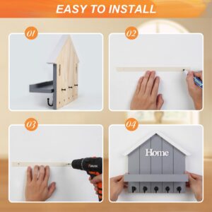 CRAKTH Grey Key and Mail Holder for Wall, House Key Rack Wall Decorative, Wood Key Hook Wall Mount, Wall Mail Organizer, Unique Key Hanger Has Large Hooks for Bags, Coats, Umbrella