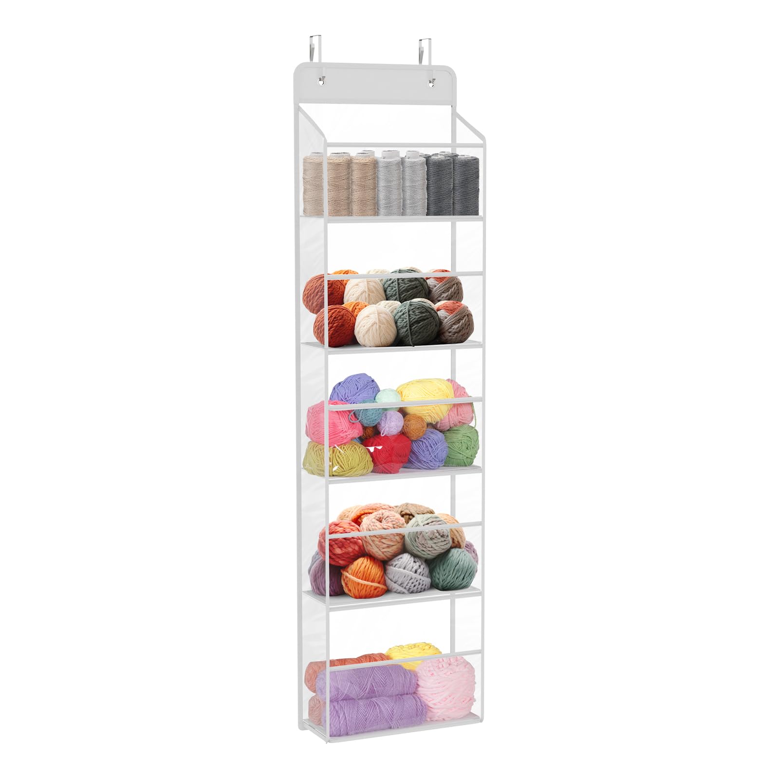 Univivi Door Hanging Yarn Storage Organizer, Knitting and Crochet Organizer Yarn Ball Storage with 5 Clear Plastic Pockets & 2 Big Metal Hooks for Knitting Needles, Crochet Hooks, Yarn Balls