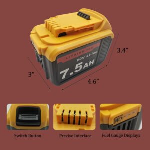 20V 7.5Ah Battery Replacement for Dewalt 20V MAX XR Battery, Compatible wiht DCB205 DCB206 DCB204 DCB203 DCB208, used for DeWalt 20V Cordless Power Tools, 1 Pack