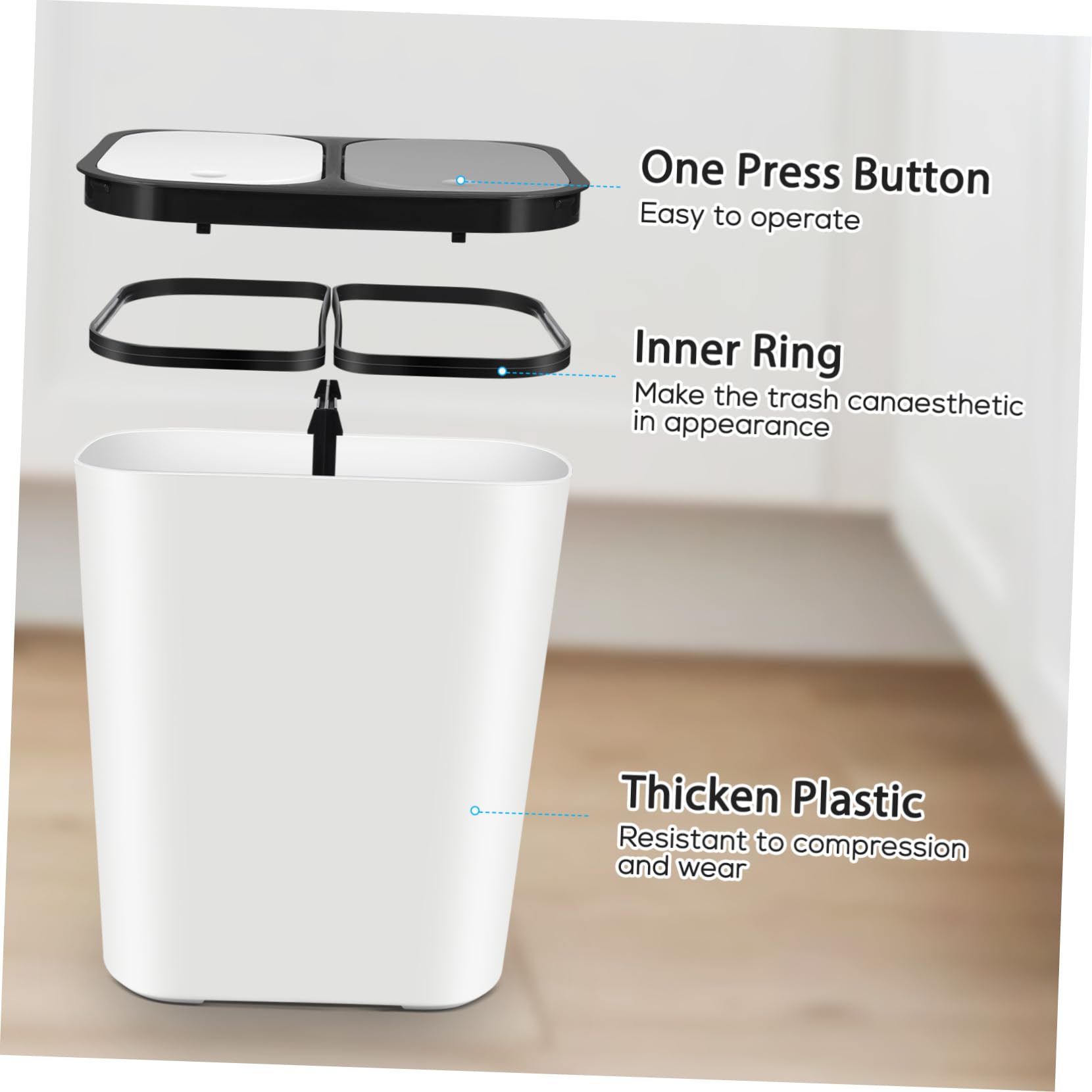 Garneck Dual Compartment Trash Can 15L Double Bin Trash Can for Kitchen Recycling Holds Garbage Slim Waste Basket for Bathroom, Bedroom, Home Office, Living Room, Kitchen