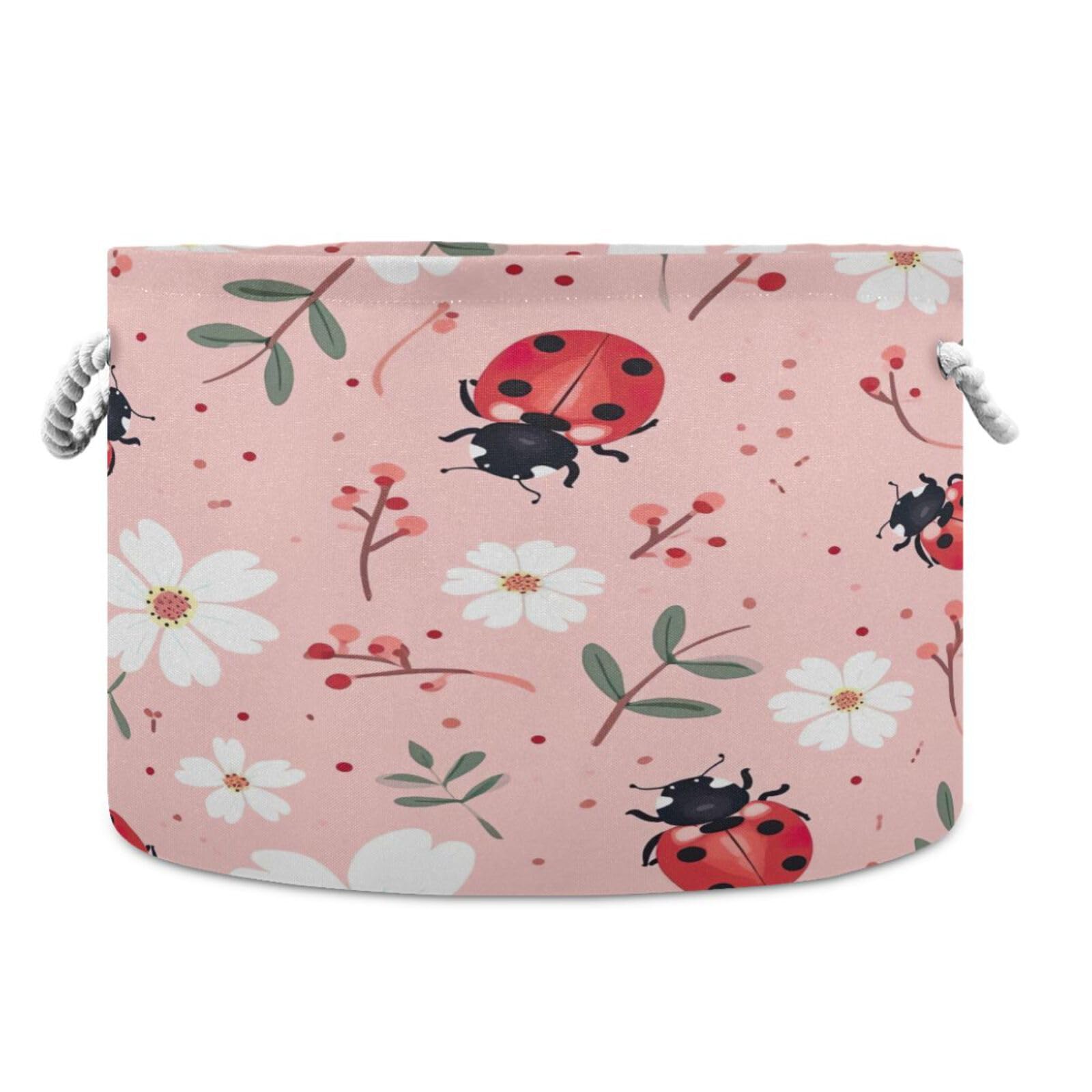 SDMKA Lady Bugs on Pink Laundry Basket Extra Large Storage Basket 20" x 14" Blanket Basket Toy Basket Decorative Cotton Rope Handle Laundry Hamper