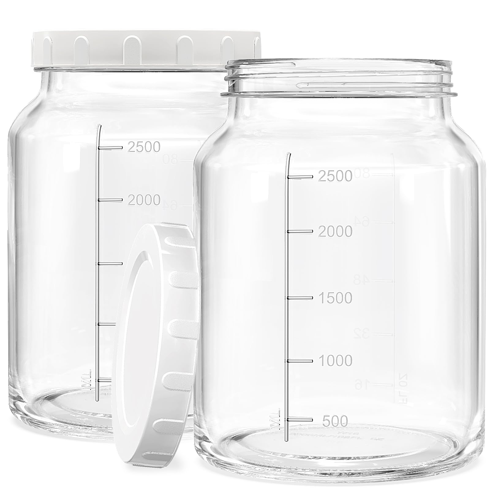 Qianfenie 2 Pack 0.8 Gallon(3200ML) Glass Jar with Airtight Lid, Large Mason Jars Wide Mouth with Clear Scale Marks, Heavy Duty Glass Food Storage Jars with Reusable Lid for Sugar, Pasta, Flour, Oats