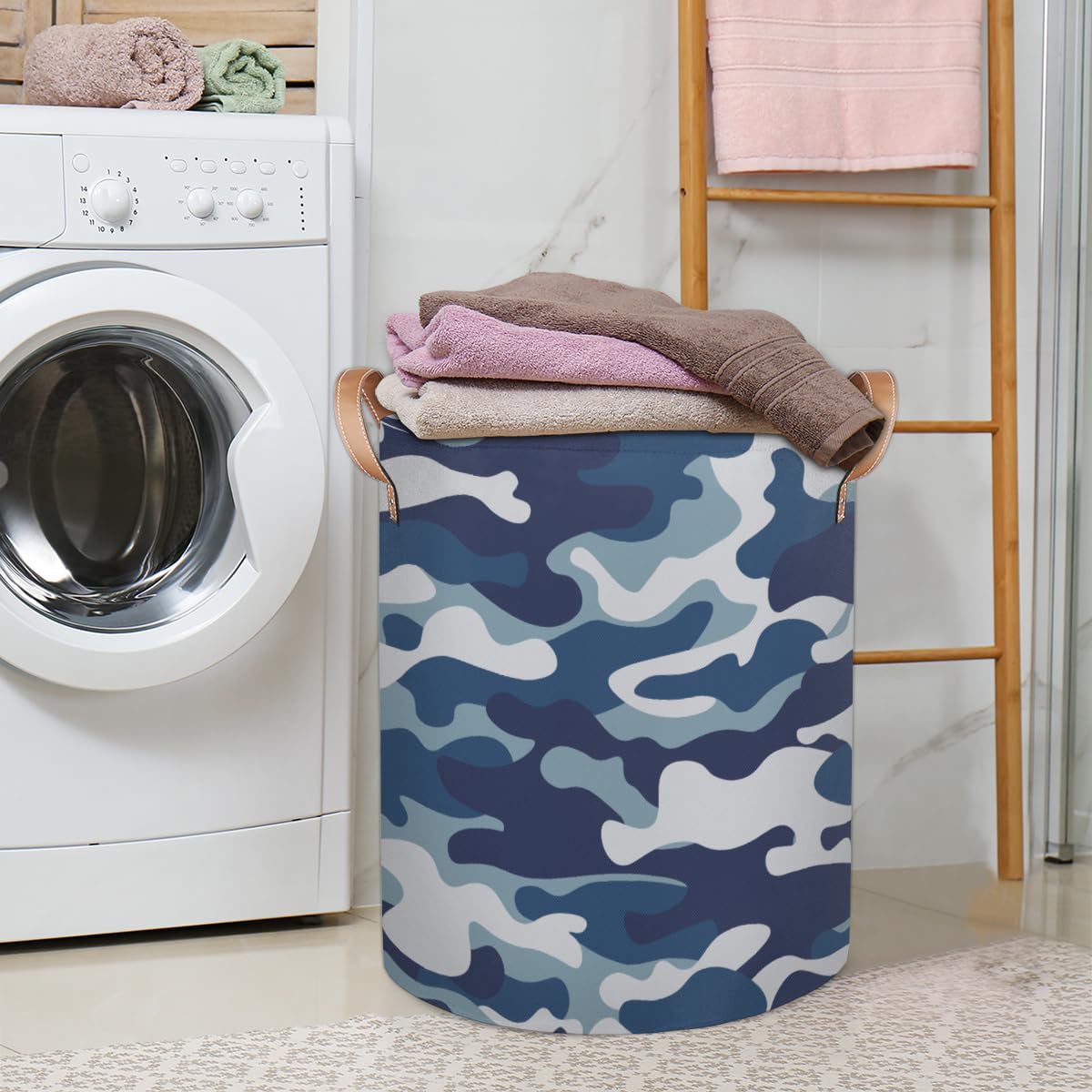 Camo Pattern Laundry Baskets, Blue Camo Canvas Fabric Laundry Hamper,Collapsible Toy Storage Organizer Basket for Bedroom College Dorms