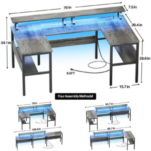 Hyomdeck Customizable U Shaped Desk & L Shaped Office Desks with RGB LED Light, Adjustable Monitor Stand and Power Outlets, Reversible Computer Desk with Storage, Large L Shape Gaming Table, Black Oak