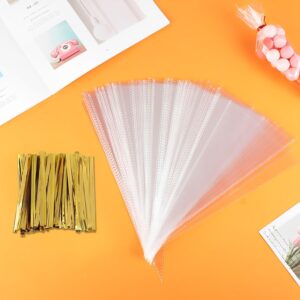 Dxlam 100 Pcs Cone Cellophane Bags, 6x12 Inches Clear Plastic Cone Shaped Treat Bags with 100 Twist Ties for Party Favor, Gift Wrapping, Packaging Decorations Storage