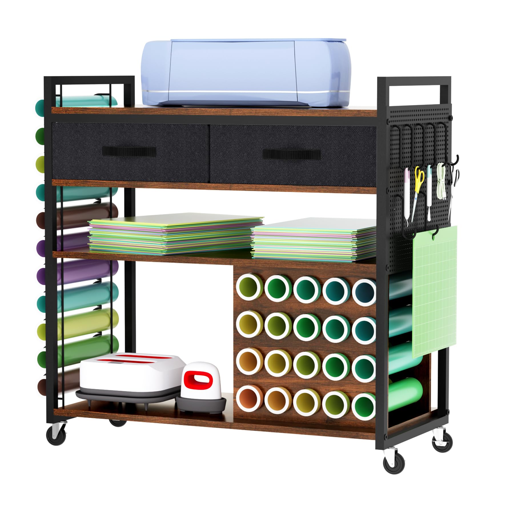 ousamili Organizers and Storage Craft Table Compatible with Cricut Machines, Multi-Functional Large Sturdy Storage Cart with Vinyl Roll Holder, Fantastic Storage for Craft Machines Organization