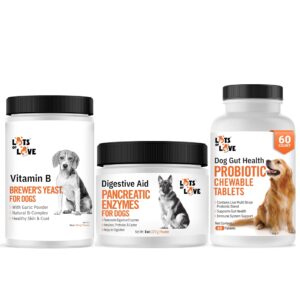 lots of love bundle set of 3 - pancreatic digestive enzymes for dog & cat (8 oz powder), dog probiotic chewable tablet (60 tablets) and brewer's yeast powder for dogs for healthy skin and coat (8 oz)