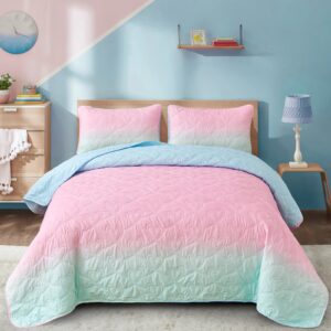 pink quilt set queen ombre blue pink mint quilt sets kids girls bedding set 3pcs summer reversible lightweight microfiber bedspread coverlet sets for all season (96''x90'')