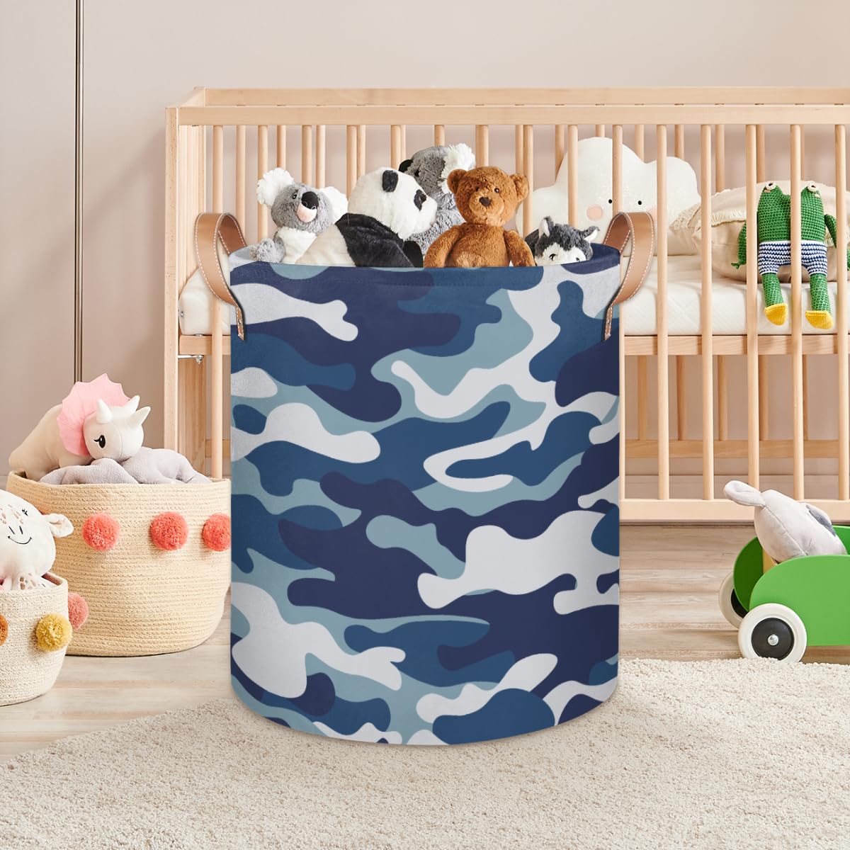 Camo Pattern Laundry Baskets, Blue Camo Canvas Fabric Laundry Hamper,Collapsible Toy Storage Organizer Basket for Bedroom College Dorms