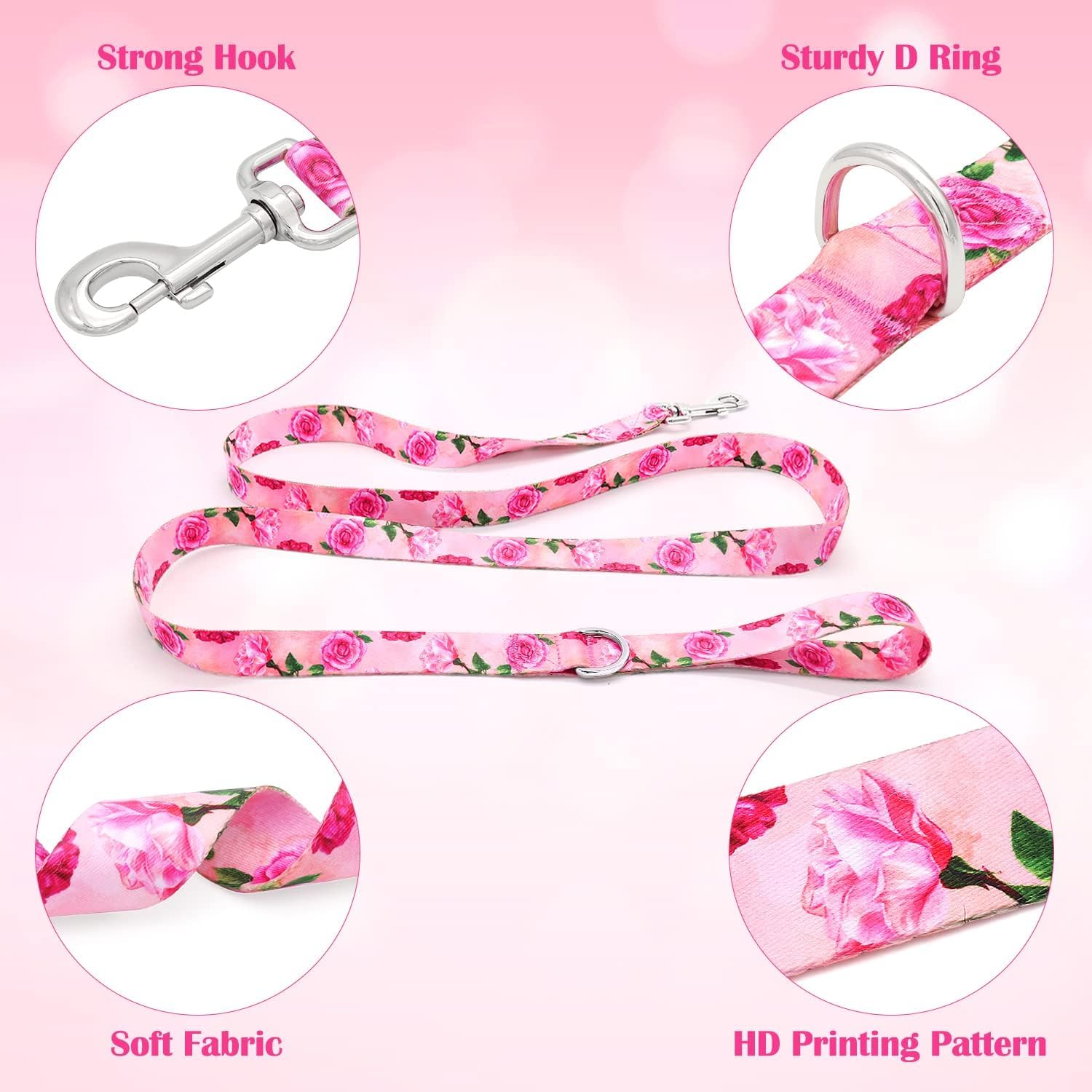 DQGHQME Dog Collar and Leash Set Girls 5ft/Foot Pink Dog Leash and Collar Adjustable Dog Harness and Leash Set Puppy Collars with Beautiful Floral Bow Tie for Small Medium Large Female Dogs,Rose Pink