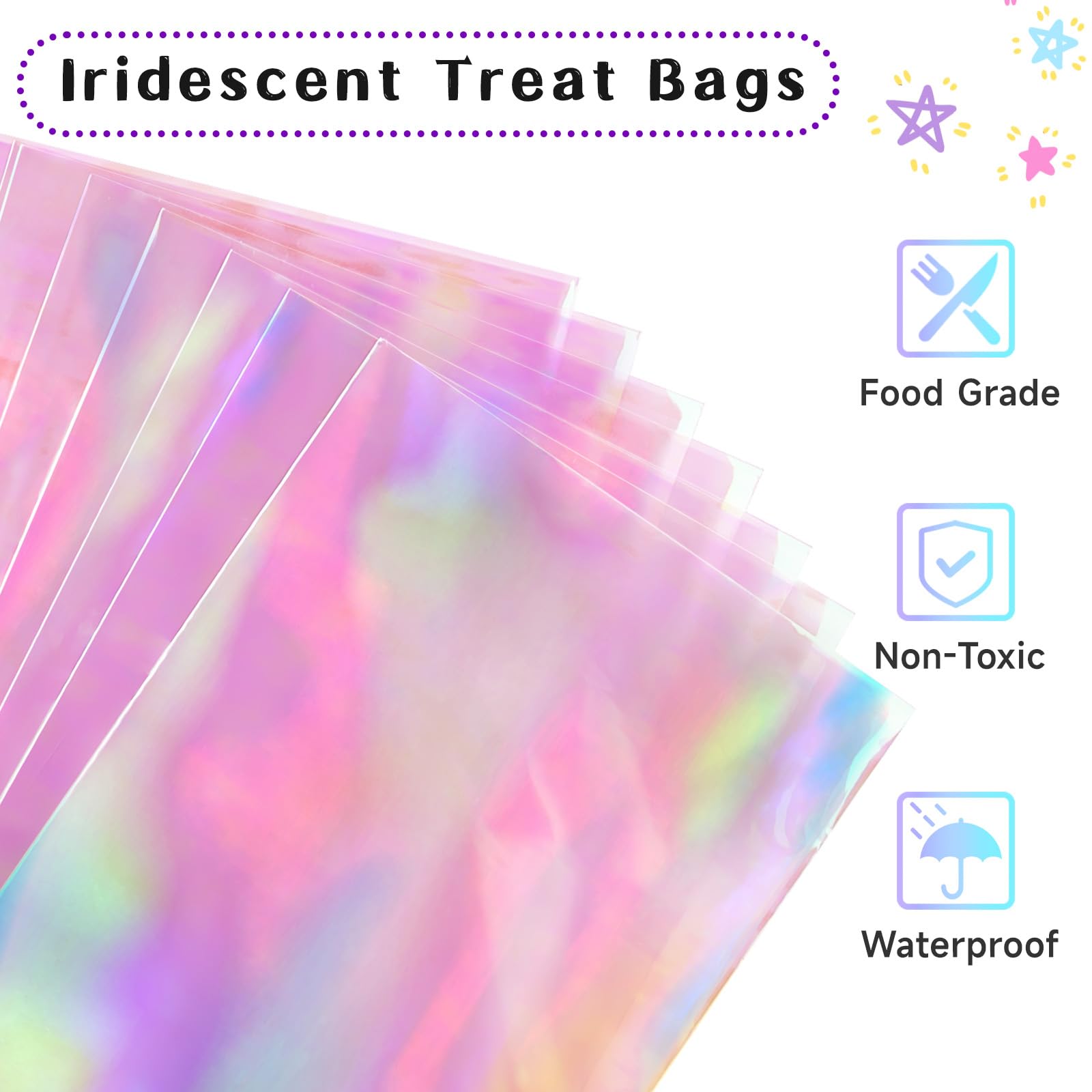 Ohuimrt Iridescent Cellophane Treat Bags, 5 x 11 Inches Plastic Holographic Goodie Bags, 100 PCS Party Favor Bags with 100 PCS Ties for Candies, Snacks, Small Gifts