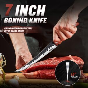 Huusk Brisket Trimming Knife,Fillet Knife for Meat,Curved Boning Knives 7 Inch, Hand Forged Meat Trimming Knife,Japanese Boning Knife Meat Butcher Knife for Fish Chincken Gift for Dad