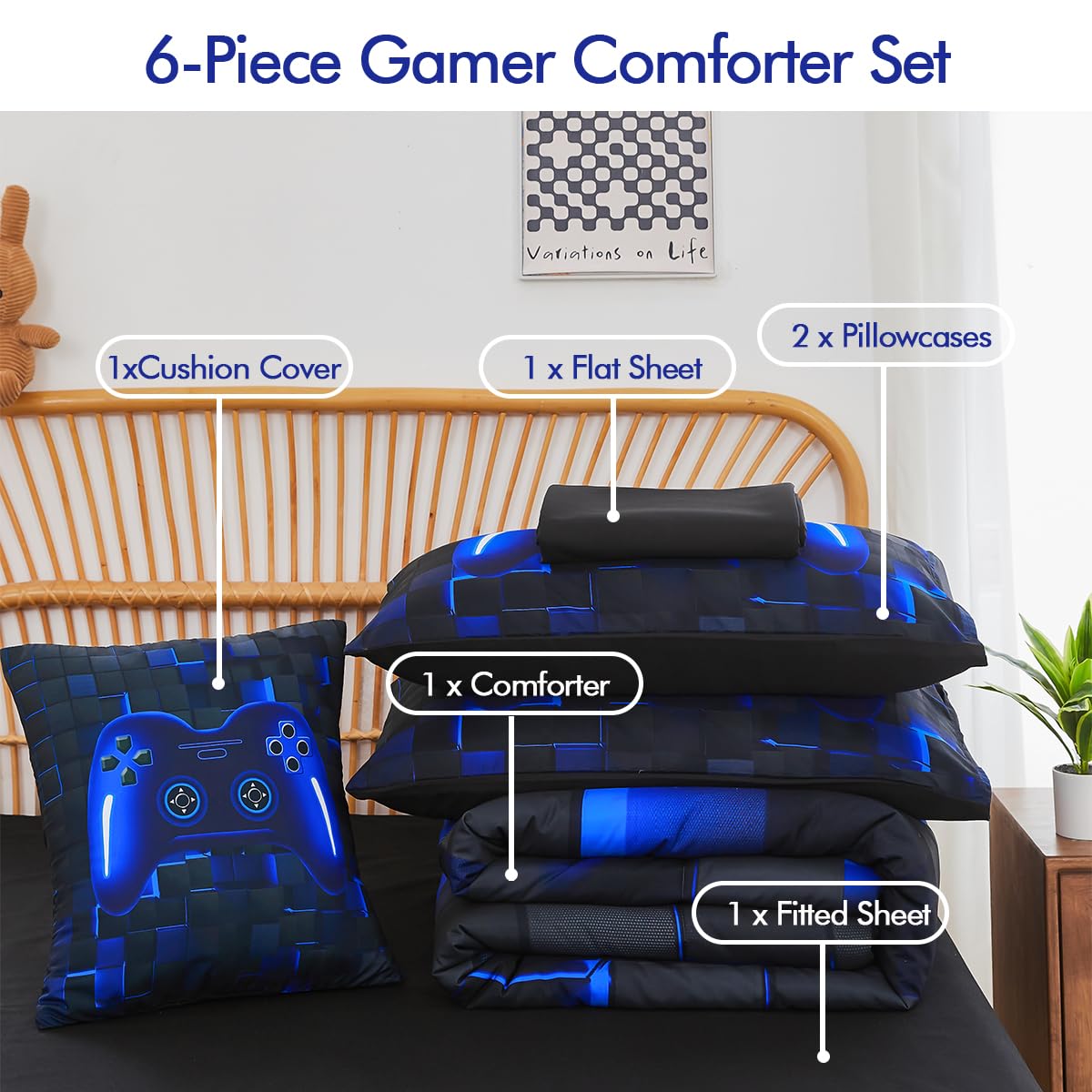 PERFEMET Twin Size Bed in A Bag 6 Pieces Gaming Bedding Set for Boys Blue Gamer Comforter with Sheet Set for Kids Teen Cool Video Game Black Quilt Bedding Set(Blue, Twin)