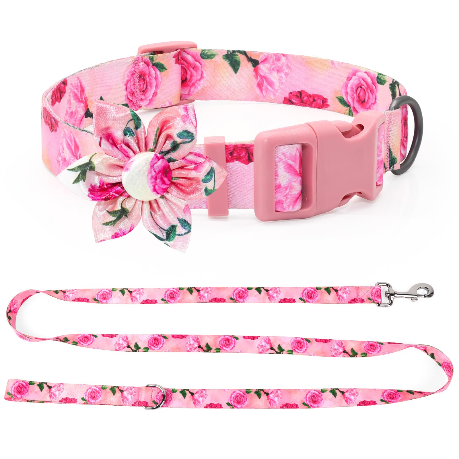 DQGHQME Dog Collar and Leash Set Girls 5ft/Foot Pink Dog Leash and Collar Adjustable Dog Harness and Leash Set Puppy Collars with Beautiful Floral Bow Tie for Small Medium Large Female Dogs,Rose Pink