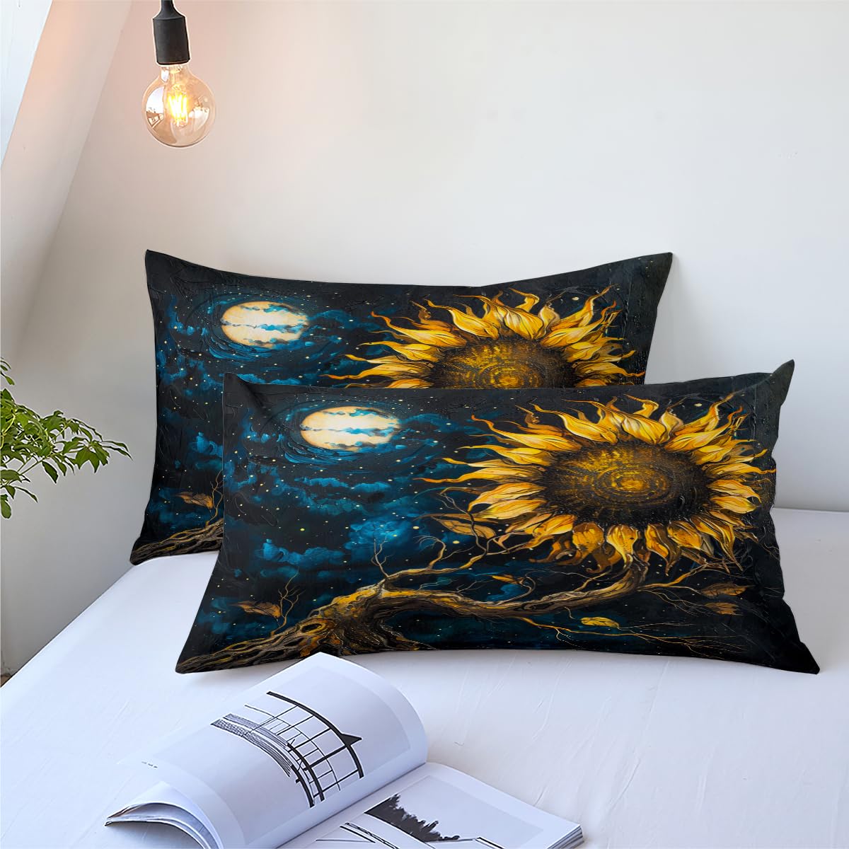 CCoutueChen Moon Sunflower Duvet Cover Set King Size Abstract Yellow Flower Comforter Bedding Set Unique Plant Duvet Covers for Girls Women Adults Aesthetic Floral Duvet Cover with 2 Pillowcases