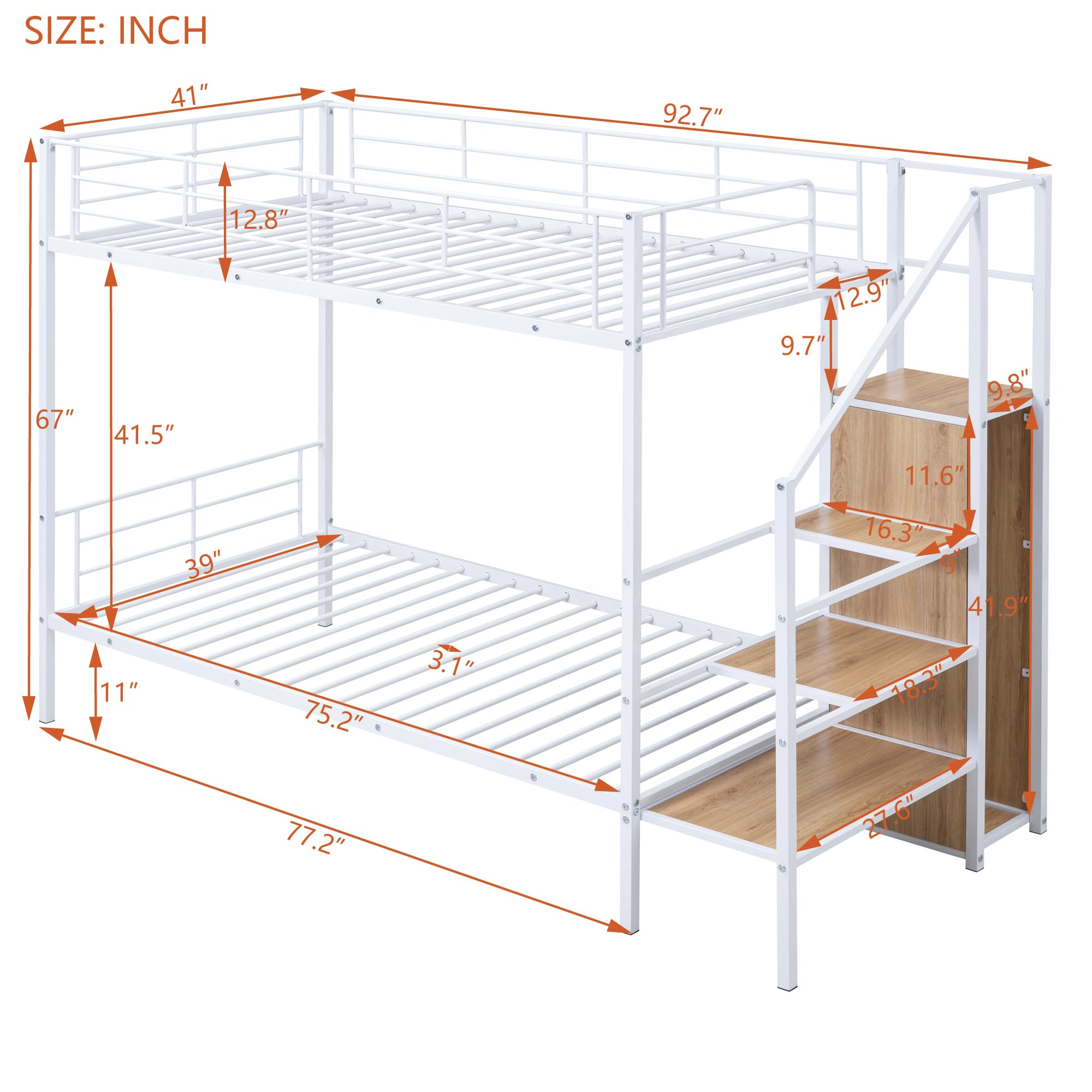 Harper & Bright Designs Twin Over Twin Bunk Beds with Storage Stairs & Wardrobe, Heavy Duty Metal Bunk Bed Frame with Guardrail for Kids, Teens, Adults, No Box Spring Needed, White